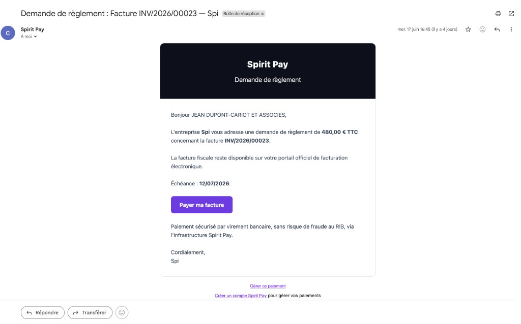 E-mail Spirit Pay de demande de règlement avec bouton Payer ma facture, sans surlignage