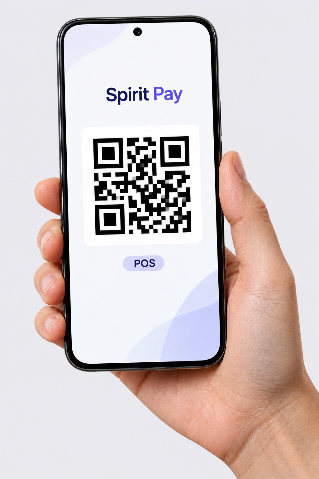 Illustration d’un téléphone tenu en main affichant le QR de paiement Spirit Pay